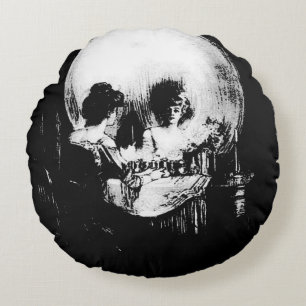 Woman with Halloween Skull Reflection In Mirror Round Cushion