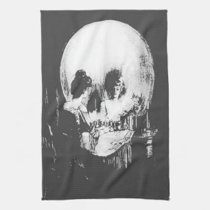 Woman with Halloween Skull Reflection In Mirror Tea Towel