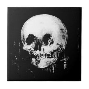 Woman with Halloween Skull Reflection In Mirror Tile