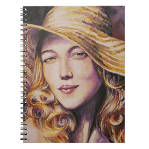 Woman with hat spiral notebook