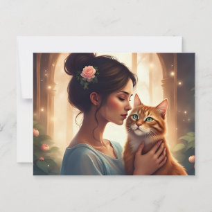 Woman with her Orange Cat  Postcard
