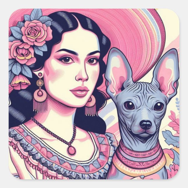 Woman with her Xolo Mexican Hairless Dog Square Sticker (Front)