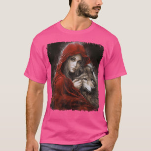 Woman With Hood In Red And Grey Wolf Fantasy Art P T-Shirt