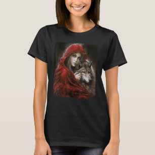 Woman with Hood in red and Grey Wolf Fantasy Paint T-Shirt