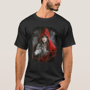 Woman with Hood in red and Grey Wolf Fantasy Paint T-Shirt