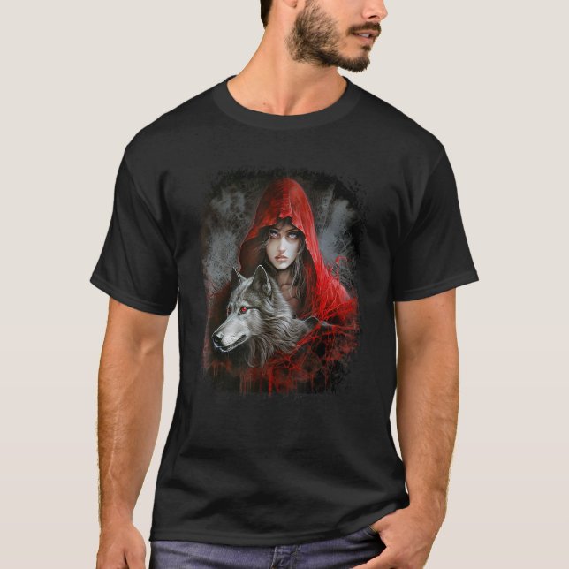 Woman with Hood in red and Grey Wolf Fantasy Paint T-Shirt (Front)