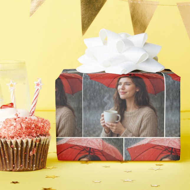 Woman With Hot Coffee Cup Under a Red Umbrella Wrapping Paper (Birthday Party)