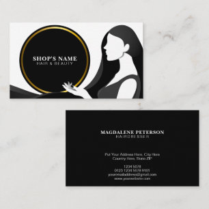 Woman with Long Hair   Black Gold Circle Frame Business Card