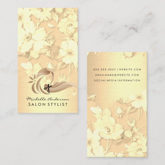 Woman with Long Hair | Salon Scissors | Flowers Business Card (Front/Back)
