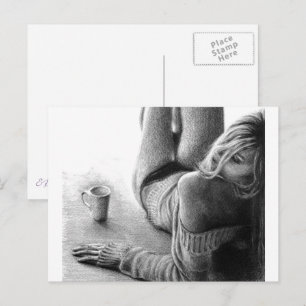Woman with morning coffee Pencil drawing art Postcard