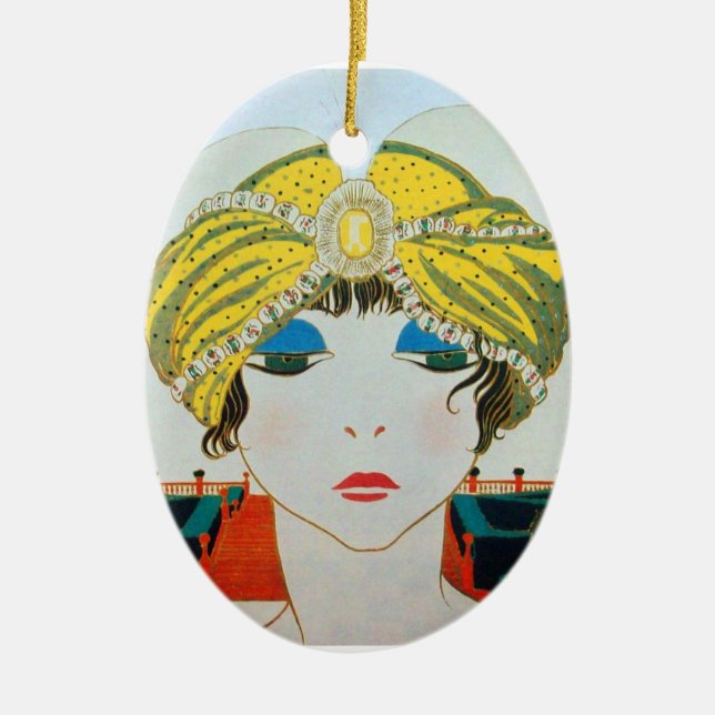 WOMAN WITH ORIENTAL YELLOW TURBAN / BLUE SAPPHIRE CERAMIC TREE DECORATION (Front)