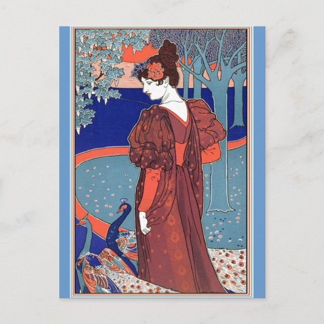 Woman with Peacocks by: Louis John Rhead Postcard (Front)