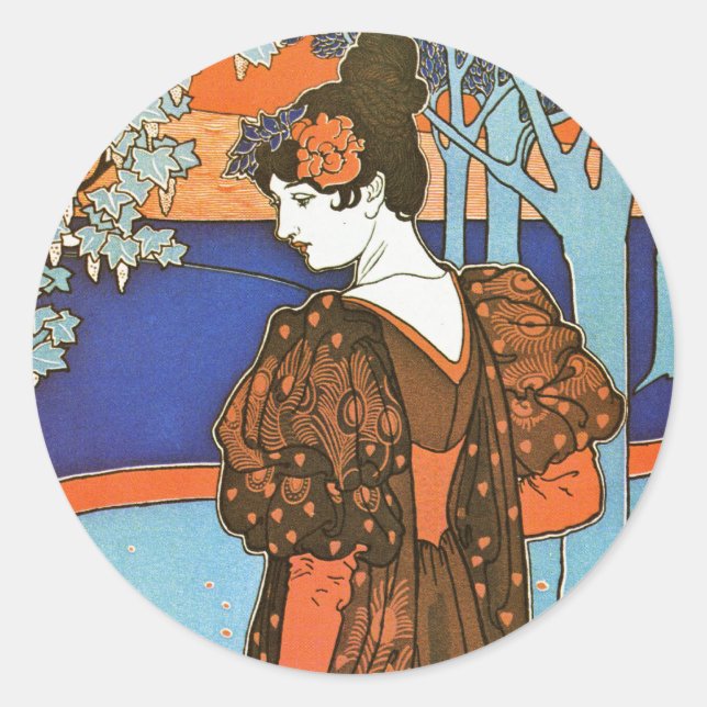 Woman with Peacocks – Louis Rhead Classic Round Sticker (Front)