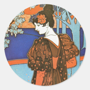 Woman with Peacocks – Louis Rhead Classic Round Sticker