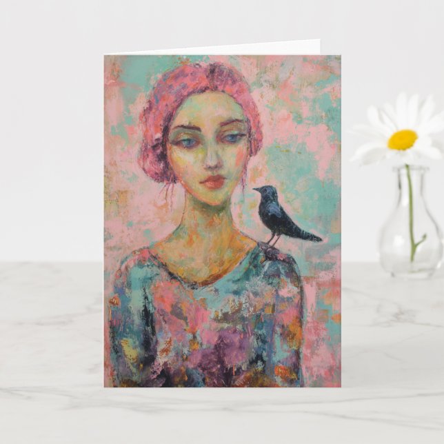 Woman with Pink Hair and a Bird on her Shoulder Card (Small Plant)