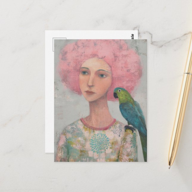 Woman with Pink Hair and a Bird Postcard (Front/Back In Situ)