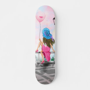 Woman with Pink Heart Balloon Skateboard Gift
