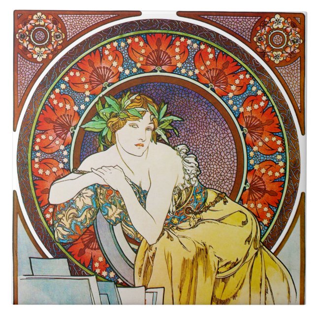 Woman with Poppy, Mucha Tile (Front)