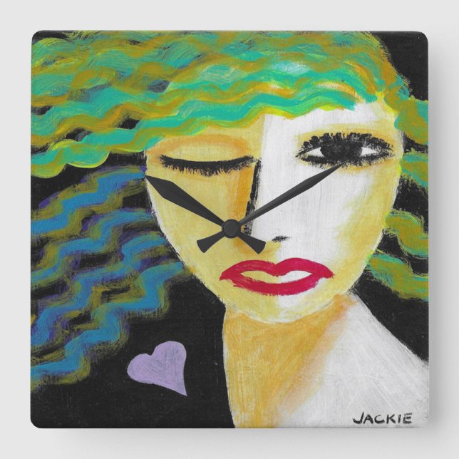 Woman with Purple Heart Abstract Art Square Wall Clock (Front)