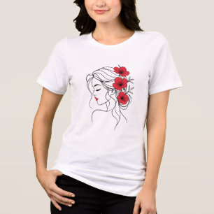 Woman with Red Flowers Elegant Feminine Line Art Tri-Blend Shirt