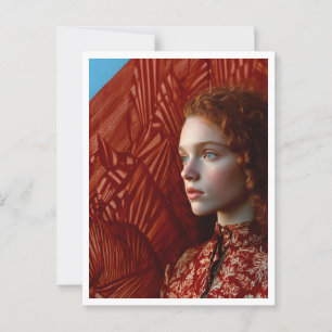 Woman with red hair by a painting of red horses postcard