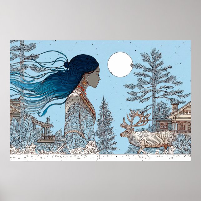 Woman with reindeer in the snow by log cabin poster (Front)