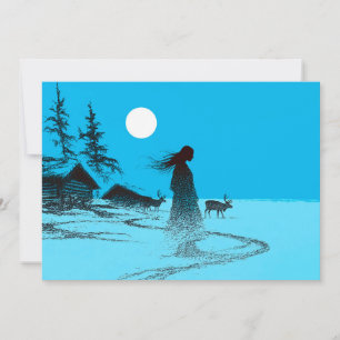 Woman with reindeer in the snow under a full moon holiday card