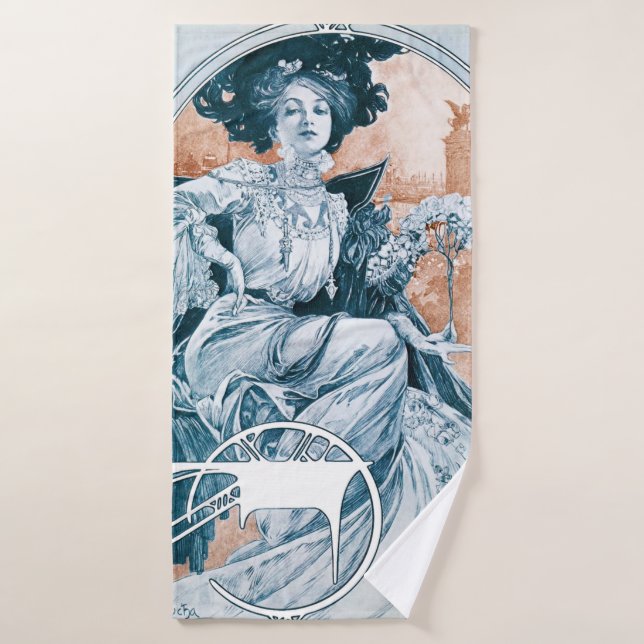 Woman with Rose, Mucha Bath Towel (Bath Towel)