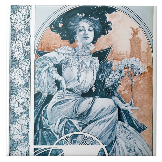 Woman with Rose, Mucha Tile (Front)