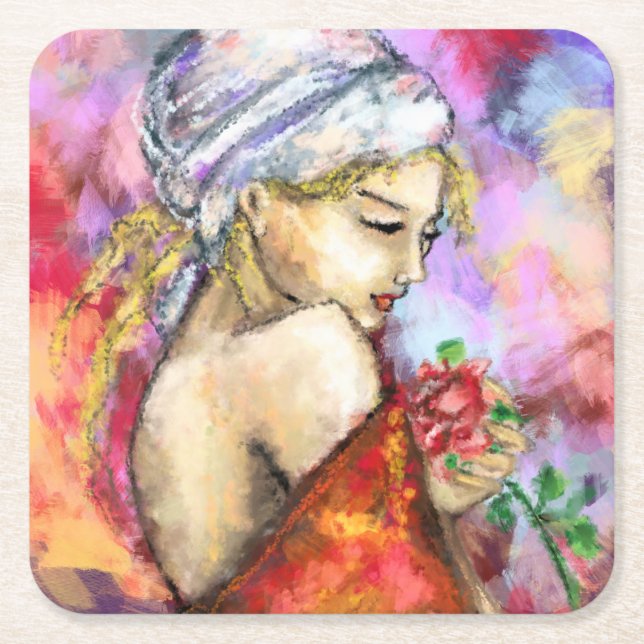Woman with Rose Paper Coaster (Front)