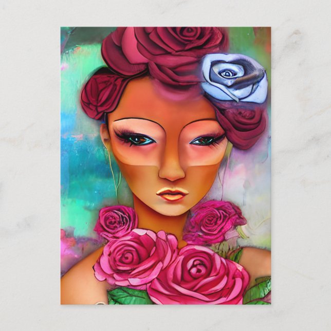 Woman With Roses Mixed Media Collage Postcard (Front)