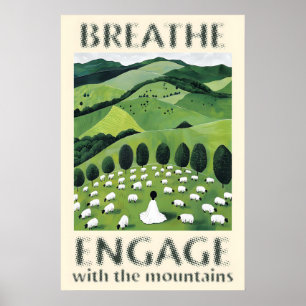 Woman with Sheep Art Print Pastoral Mountain