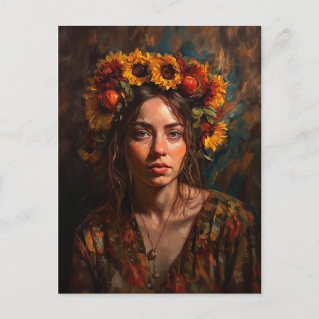 Woman With Sunflowers Autumn Harvest Crown Postcard (Front)