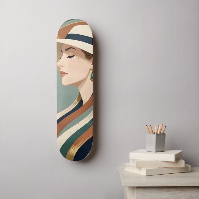 Woman with sunhat art deco skateboard (Wall Art)