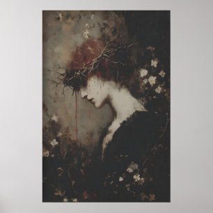 Woman With Thorned Floral Crown In Mourning, Dark Poster
