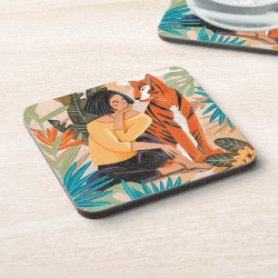 Woman with tiger sunset jungle coaster