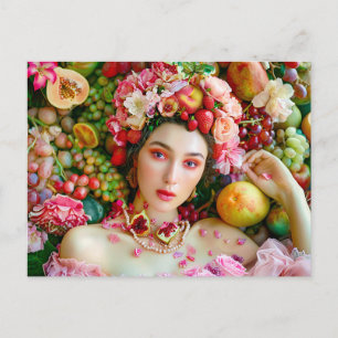 Woman with tropical fruits and floral accents postcard