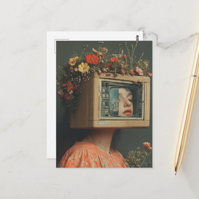 Woman with TV head and flowers surreal  Postcard (Front/Back In Situ)