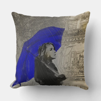 Woman with umbrella in the rain cushion