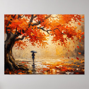 Woman with Umbrella Under Red Autumn Tree Poster