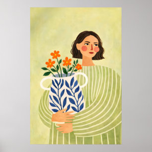 Woman with Vase Poster, Modern Botanical Portrait Poster
