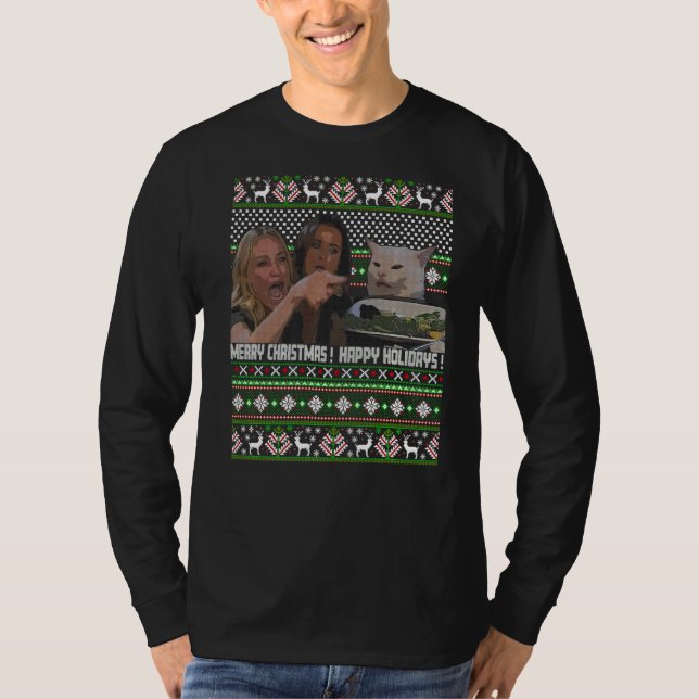 Woman Yelling At A Cat Meme Ugly Christmas Sweater (Front)