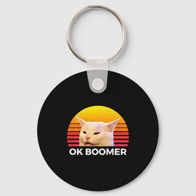 Woman Yelling At Table Dinner Funny Cat Ok Boomer  Key Ring (Front)