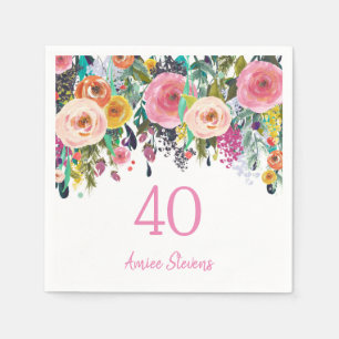 Womans 40th Birthday Party Pink Flower Peach Napkin