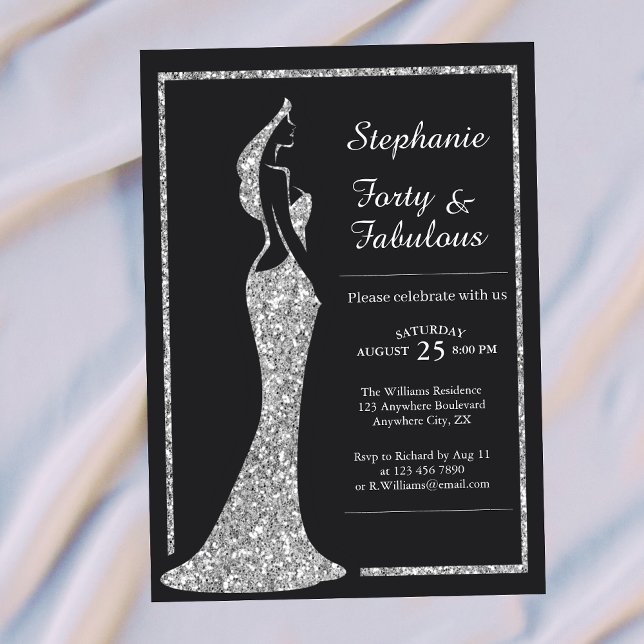 Woman's 40th Modern Silver Cocktail Dress Birthday Invitation (Creator Uploaded)