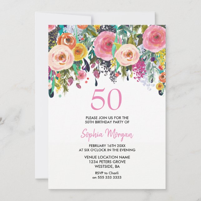 Womans 50th Birthday Party Invite Pink Flowers (Front)