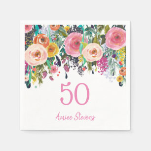 Womans 50th Birthday Party Pink Flower Peach Napkin