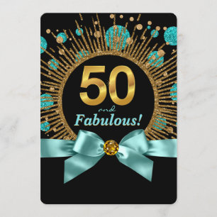 Womans 50th Birthday Party Teal Blue and Gold Invitation
