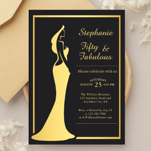 Woman's 50th Modern Gold Cocktail Dress Birthday Invitation
