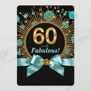 Womans 60th Birthday Party Teal Blue and Gold Invitation